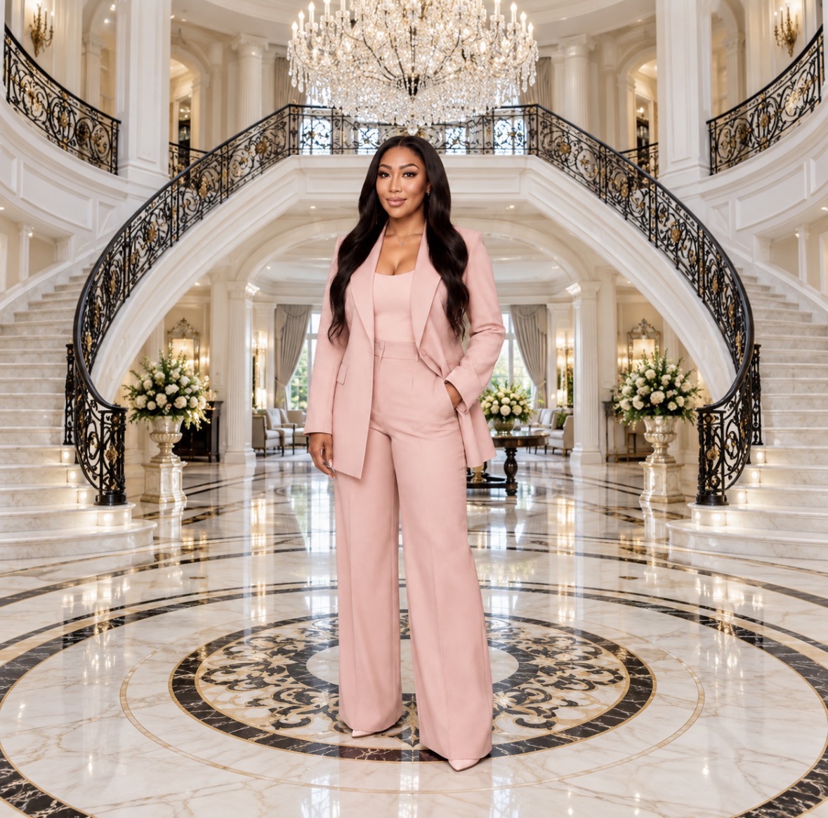 Leilani Rosejos in a soft pink suit in a grand foyer